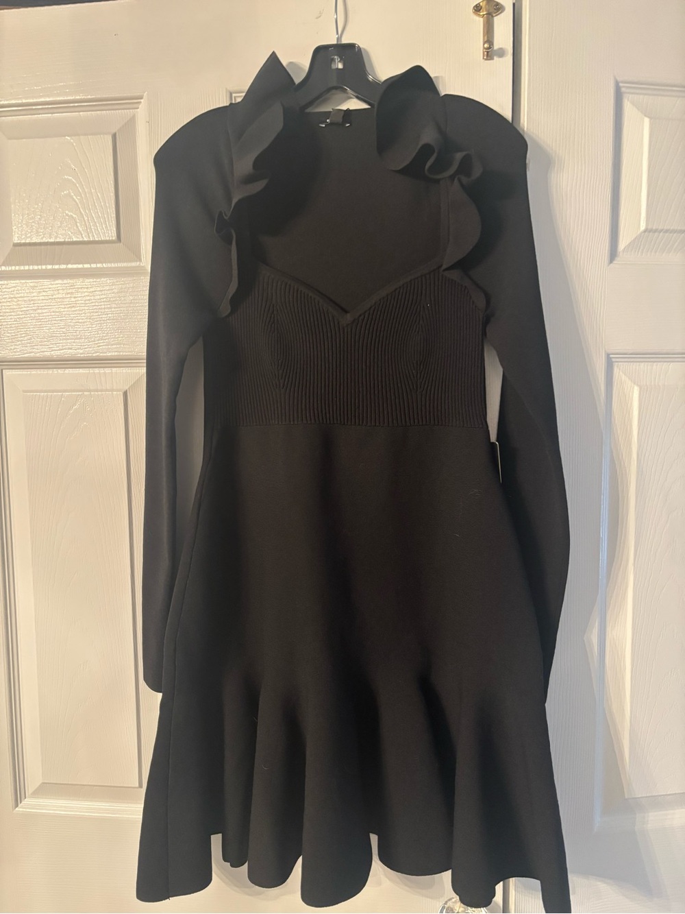 Express Black Long Sleeve Ruffle-Shoulder Dress